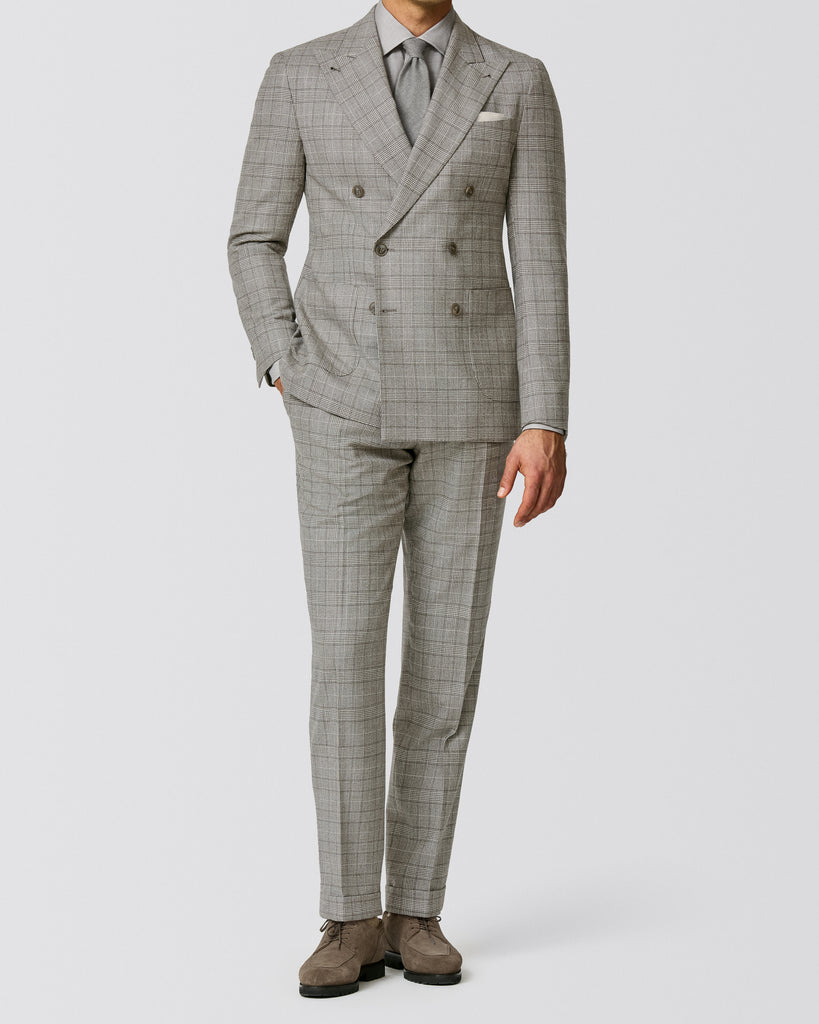 Ivory Glencheck Look - double breasted suit, modal shirt & chukka boots