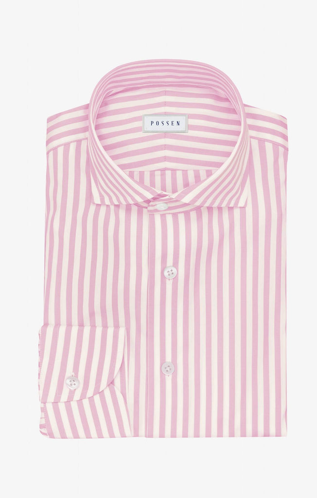 Canclini Two Ply 90/2 Cotton Poplin White with Pink Bold Stripes