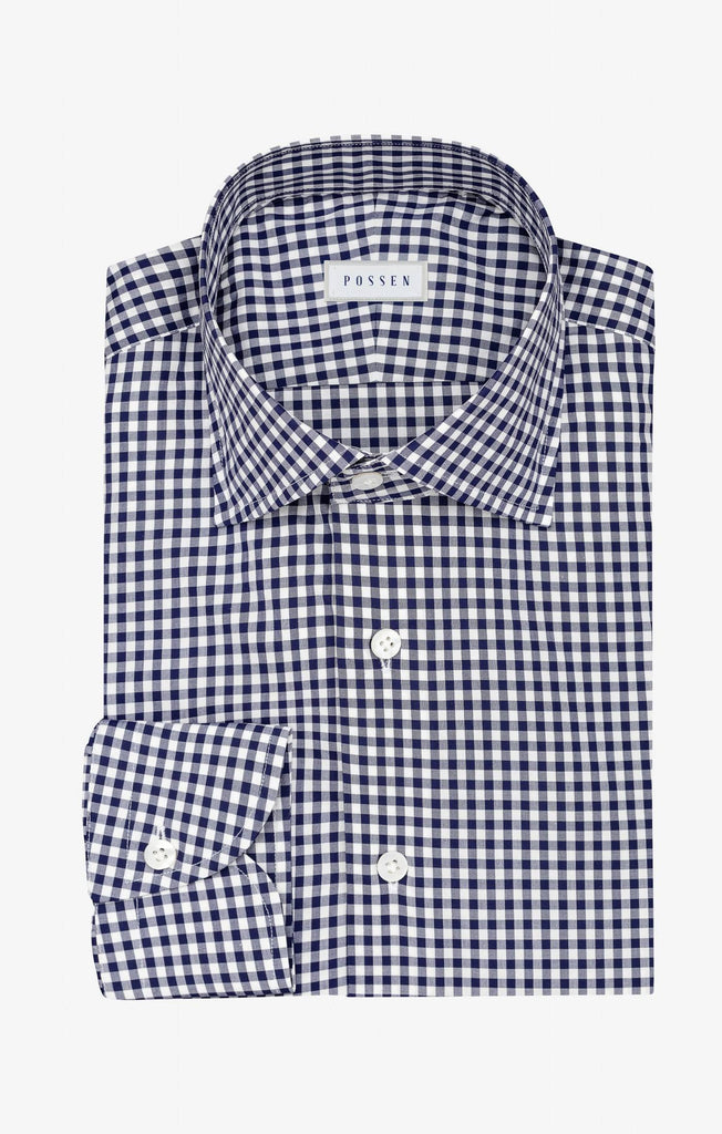 Thomas Mason Lightweight Egyptian Cotton Poplin White with Dark Blue Gingham Check