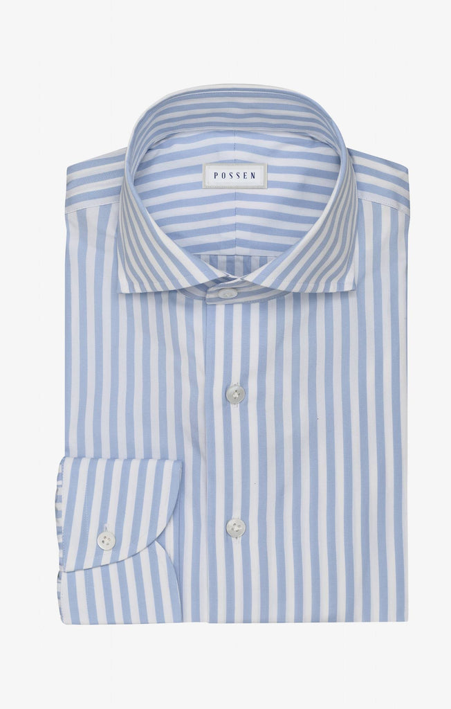 Canclini Two Ply 90/2 Cotton Poplin White with Light Blue Bold Stripes