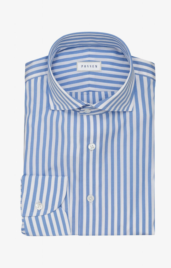 Canclini Two Ply 90/2 Cotton Poplin White with Mid Blue Bold Stripes