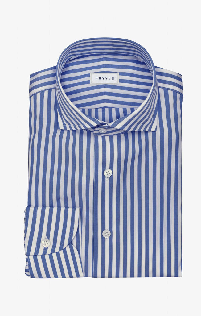 Canclini Two Ply 90/2 Cotton Poplin White with Dark Blue Bold Stripes