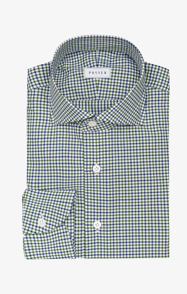 Thomas Mason Lightweight Egyptian Cotton Twill White with Green & Blue Tattersall Check