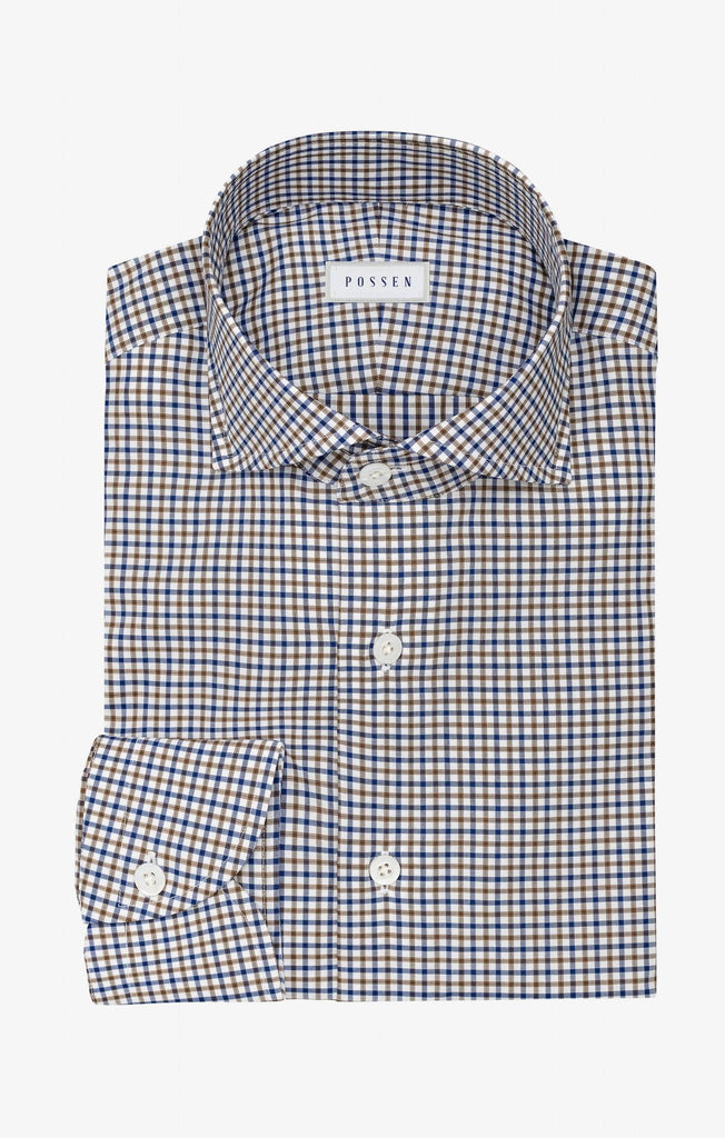 Thomas Mason Lightweight Egyptian Cotton Twill White with Brown & Blue Tattersall Check