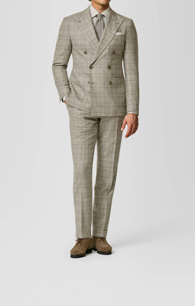 Ivory-taupe Stretch Brushed Wool Glencheck