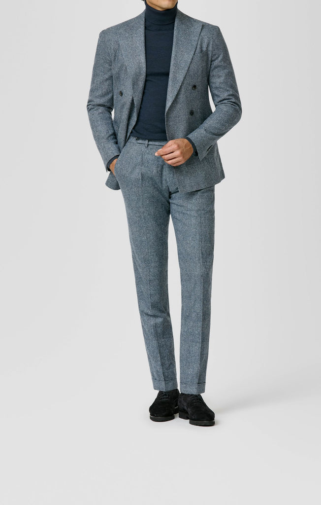 Lanificio Ermenegildo Zegna CASHTWEED Storm Blue Silk, Wool & Cashmere Glencheck with White Slubs