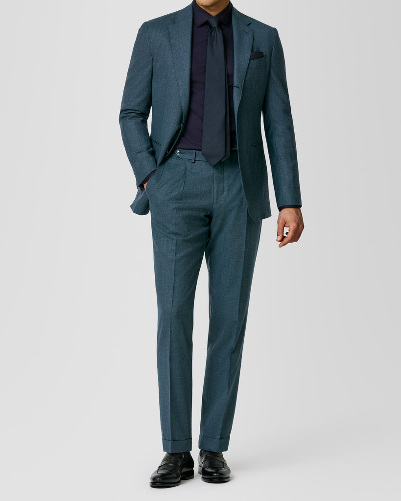 Petrol Blue Suit Look - natural stretch wool suit, sateen shirt & hand-painted nubuck brogues