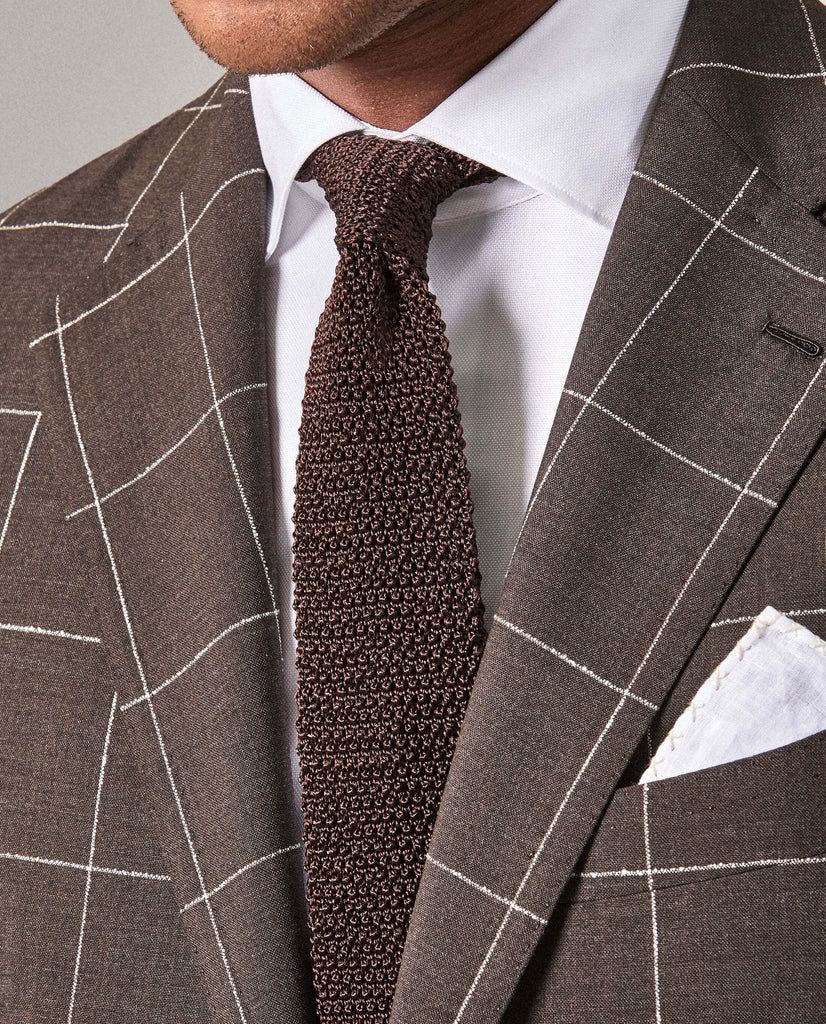 Drago Chocolate Brown S130 Tropical Merino Wool with White Bouclé Windowpane