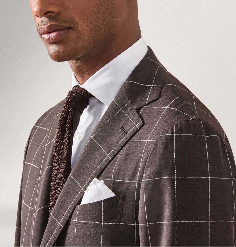 Drago Chocolate Brown S130 Tropical Merino Wool with White Bouclé Windowpane