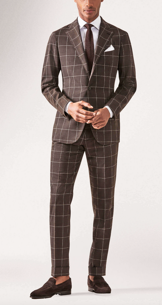 Drago Chocolate Brown S130 Tropical Merino Wool with White Bouclé Windowpane