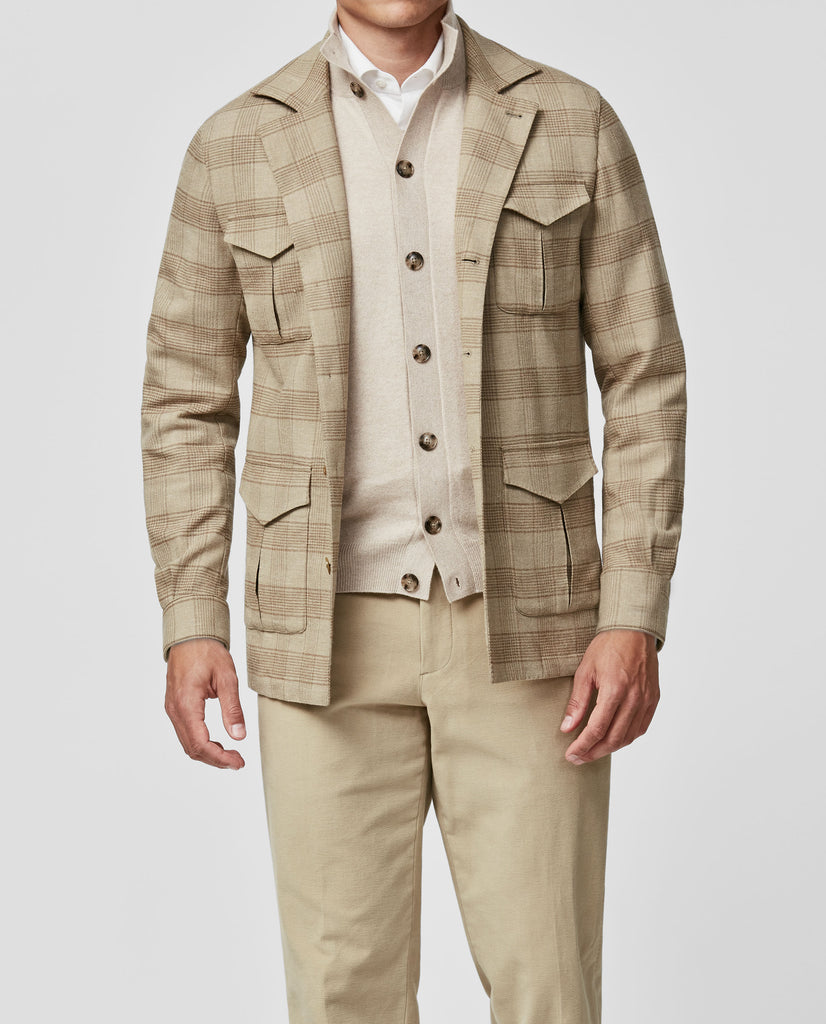 Carlo Barbera Sand Mélange Wool & Linen Twill Stretch with Hazelnut Check
