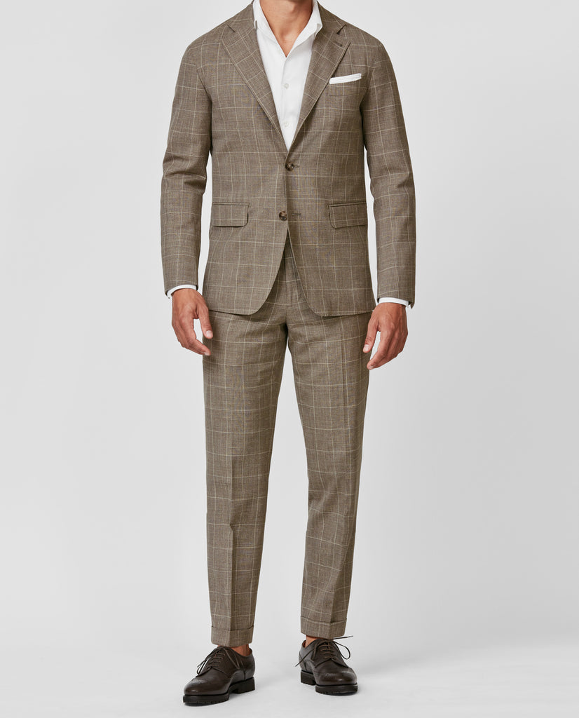 Loro Piana SUMMERTIME Light Taupe Off White Windowpane Wool, Silk & Linen Tropical