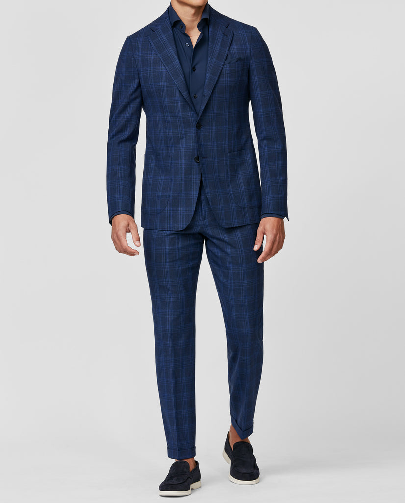 Loro Piana MOOVING Two Blue Stretch Merino Wool with Royal Blue Check