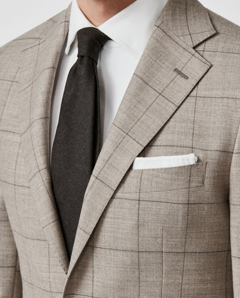 Drago Beige Natural Bi Stretch S130 Wool Flannel With Brown Windowpane