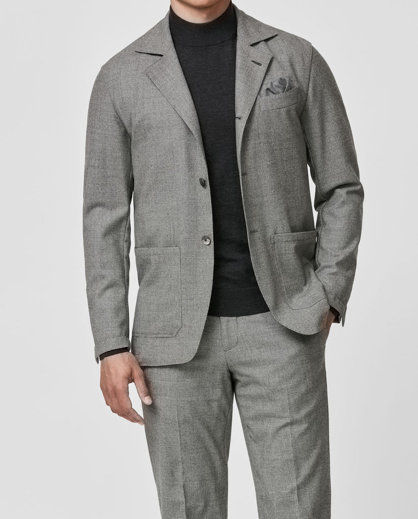 Drago Grey Natural Bi Stretch S130 Wool Flannel Houndstooth