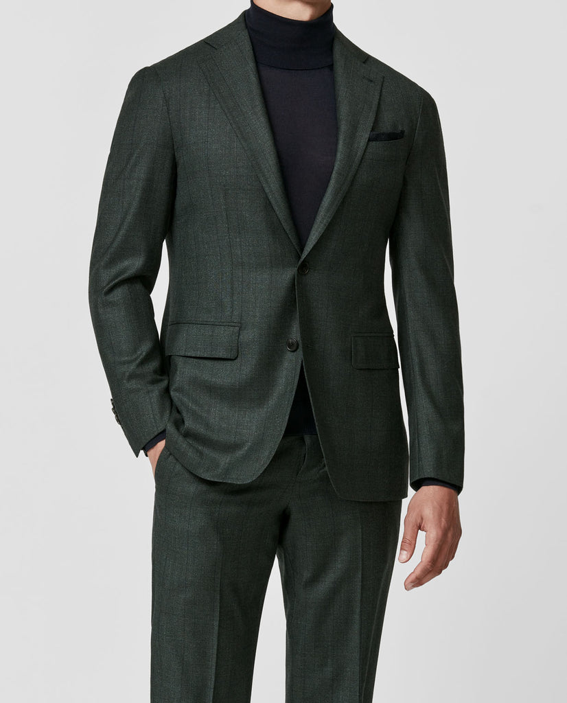 Loro Piana Four Seasons Dark Green S130 Sharkskin Wool With Subtle Glencheck And Windowpane