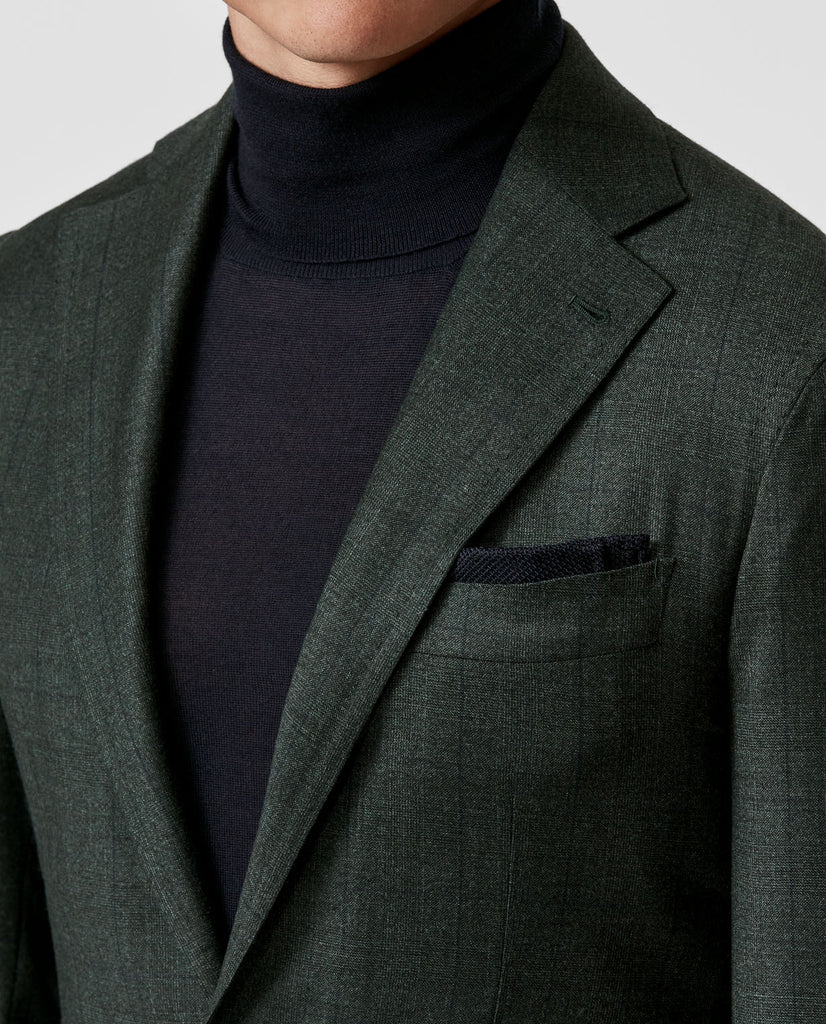 Loro Piana Four Seasons Dark Green S130 Sharkskin Wool With Subtle Glencheck And Windowpane