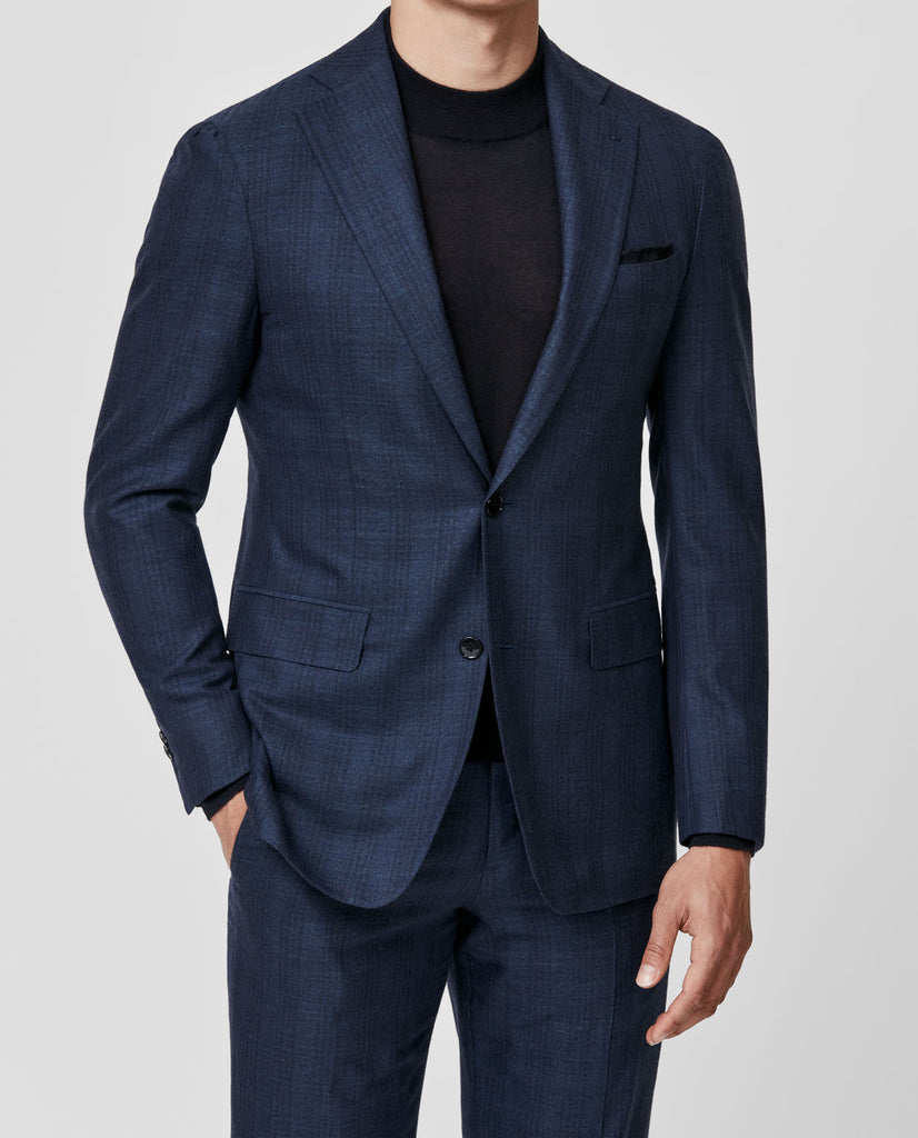 Colombo Dark Slate Blue Wool & Silk with Faded Check
