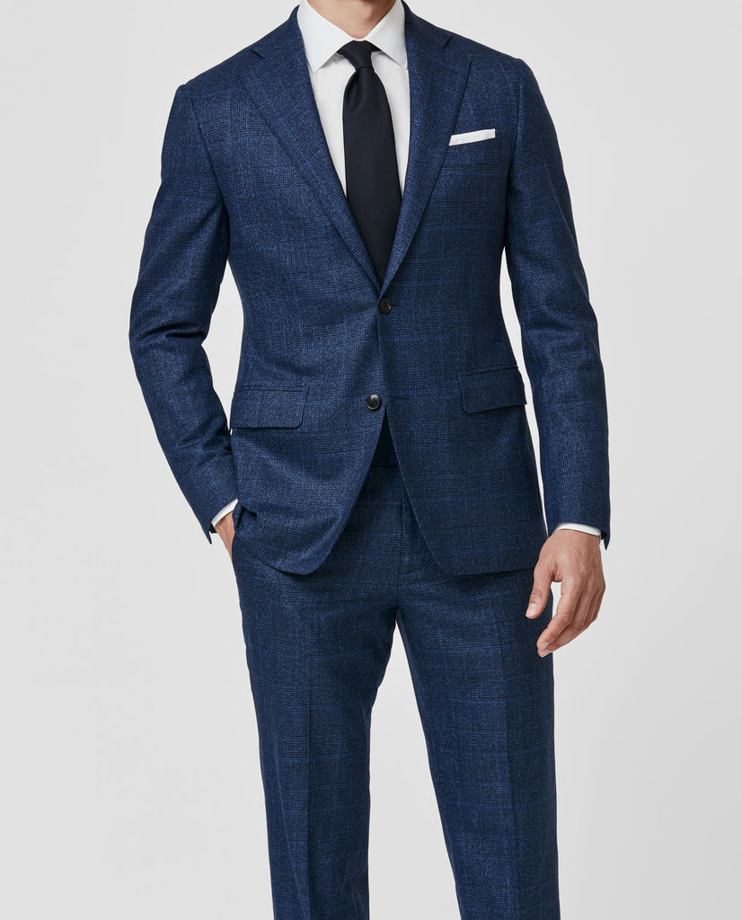 Loro Piana Neapolitan Blue Natural Stretch S120 Merino Wool With Midnight Blue Glencheck