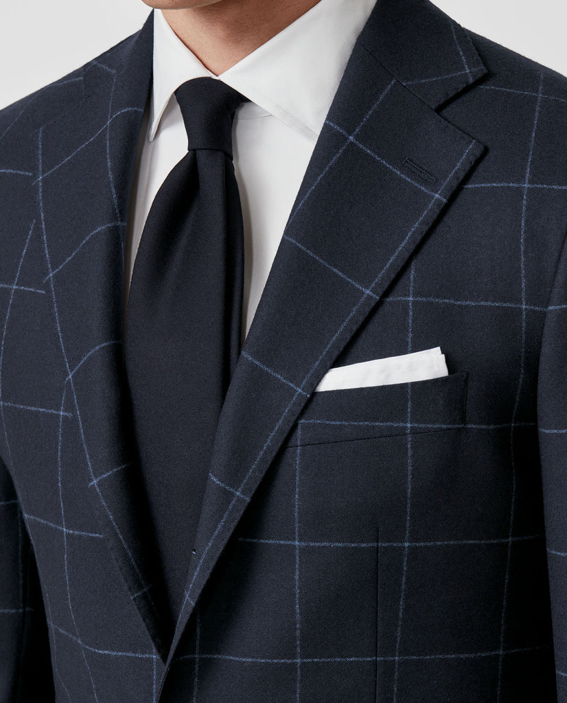 Drago Midnight Blue Natural Bi Stretch S130 Wool Flannel With Storm Blue Windowpane