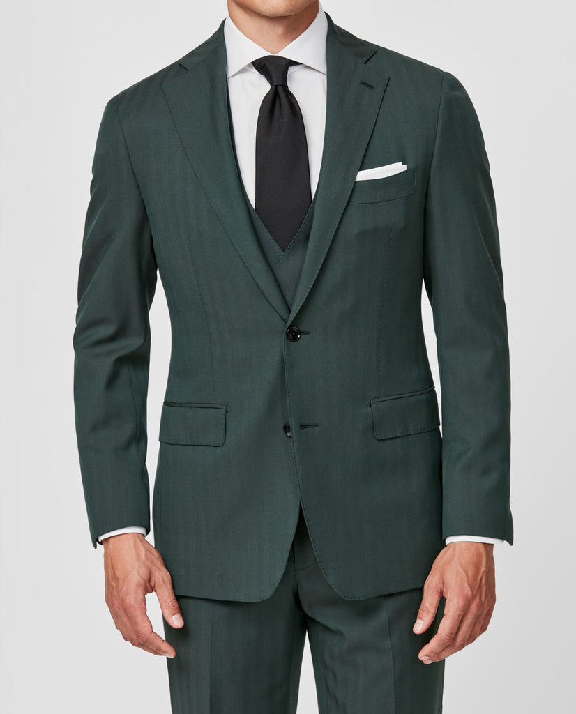Drago Dark Green Bi Stretch Tropical S130 Wool Solaro Herringbone