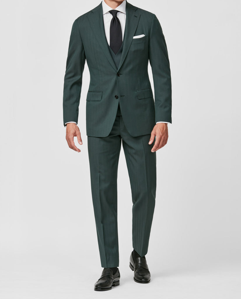 Drago Dark Green Bi Stretch Tropical S130 Wool Solaro Herringbone