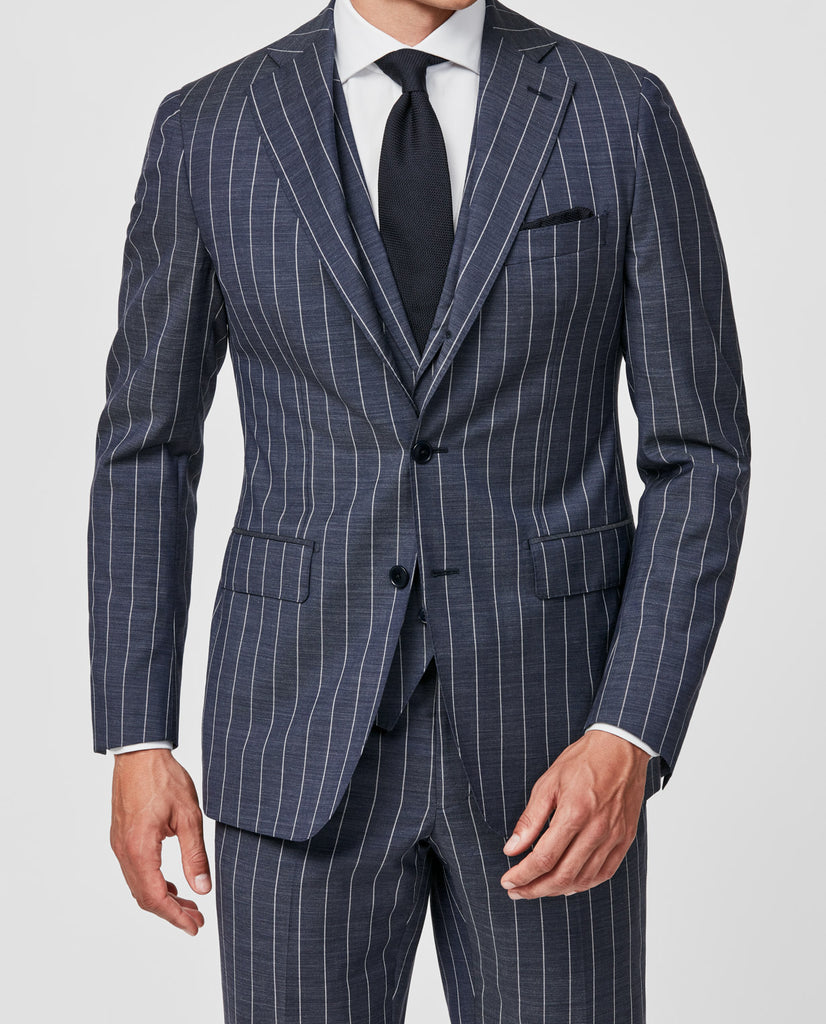 Cerruti Indigo S130 Merino Wool Plain Weave with White Pencil Stripe