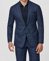 Loro Piana SUMMERTIME Blue Tropical Stretch Wool, Silk & Linen with Navy Glencheck