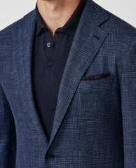 Loro Piana SUMMERTIME Blue Tropical Stretch Wool, Silk & Linen with Navy Glencheck
