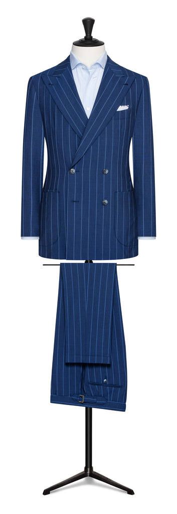 Drago Blue with Tonal Pencil Stripe Wool & Silk Plain Weave