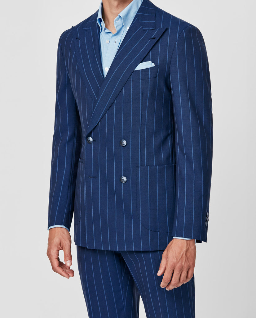 Drago Blue with Tonal Pencil Stripe Wool & Silk Plain Weave