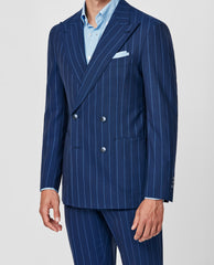 Drago Blue with Tonal Pencil Stripe Wool & Silk Plain Weave