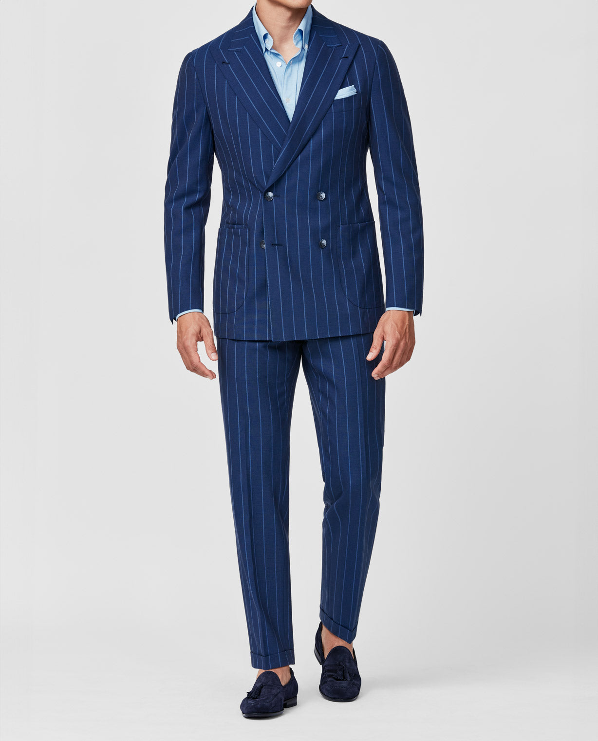 Drago Blue with Tonal Pencil Stripe Wool & Silk Plain Weave