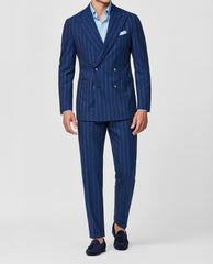 Drago Blue with Tonal Pencil Stripe Wool & Silk Plain Weave