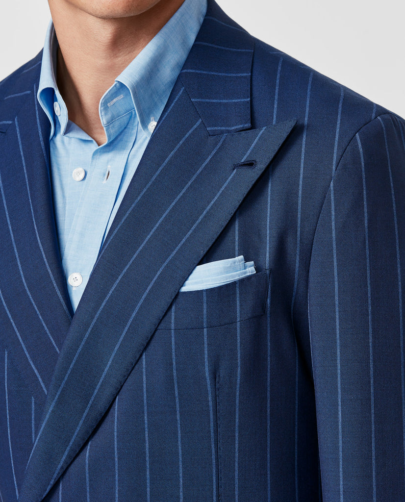 Drago Neapolitan Blue S130 Merino Wool Bi-Stretch Solaro Basketweave with Tonal Pencil Stripe