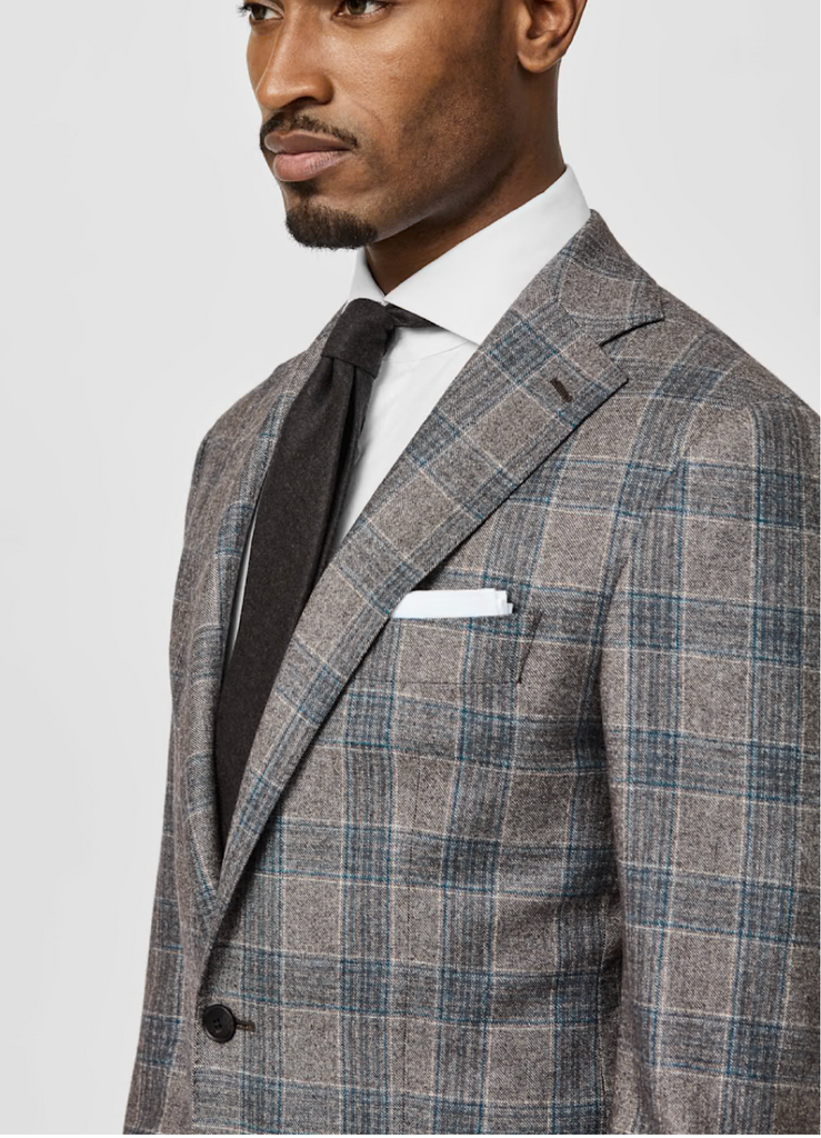 Carlo Barbera Chocolate Brown Merino Wool & Cashmere with Petrol & Brown Glencheck