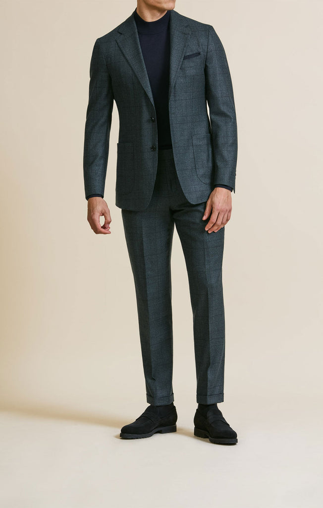 Loro Piana ZELANDER Bottle Green Natural Stretch S120 Merino Wool Glencheck