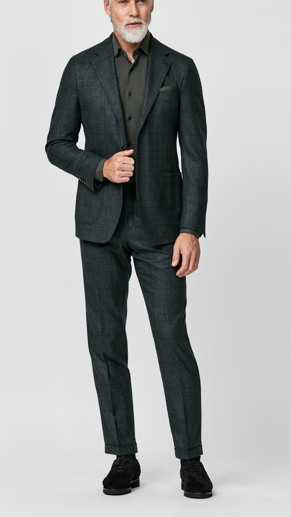 Loro Piana MOOVING Bottle Green Natural Stretch S120 Wool Glencheck