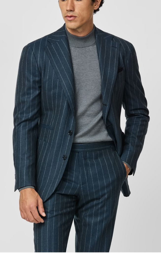 Drago Petrol Natural Bi Stretch S130 Wool Flannel with Chalk Stripe