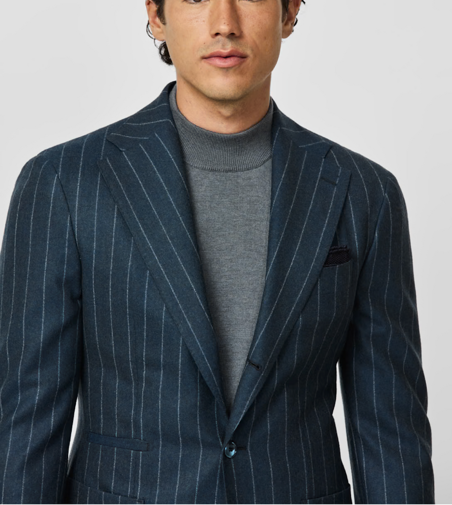 Drago Petrol Natural Bi Stretch S130 Wool Flannel with Chalk Stripe