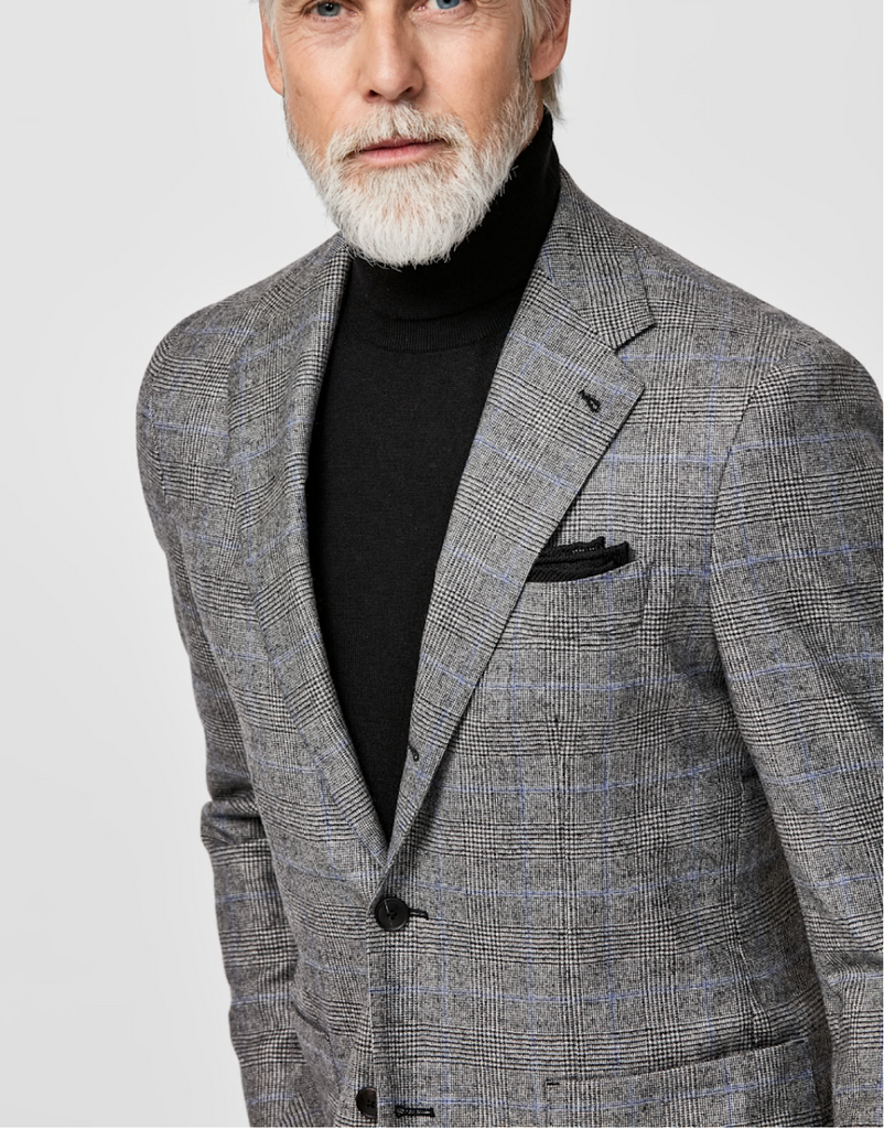 Loro Piana FAVOLA Black & White Merino Wool & Cashmere Glencheck with Cobalt Blue Windowpane