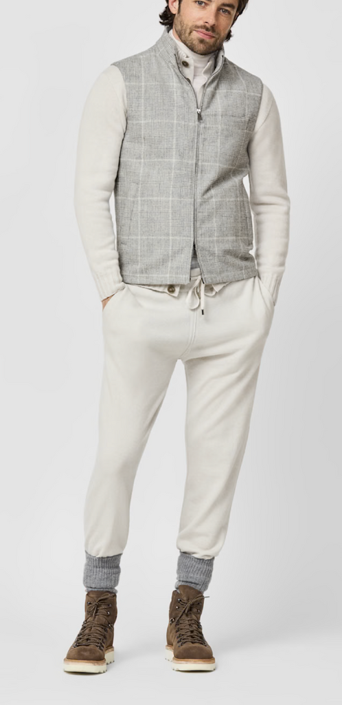 Ferla Alpaca & Merino Wool Flannel Light Grey Glencheck with Ivory Windowpane Vest / Bodywarmer