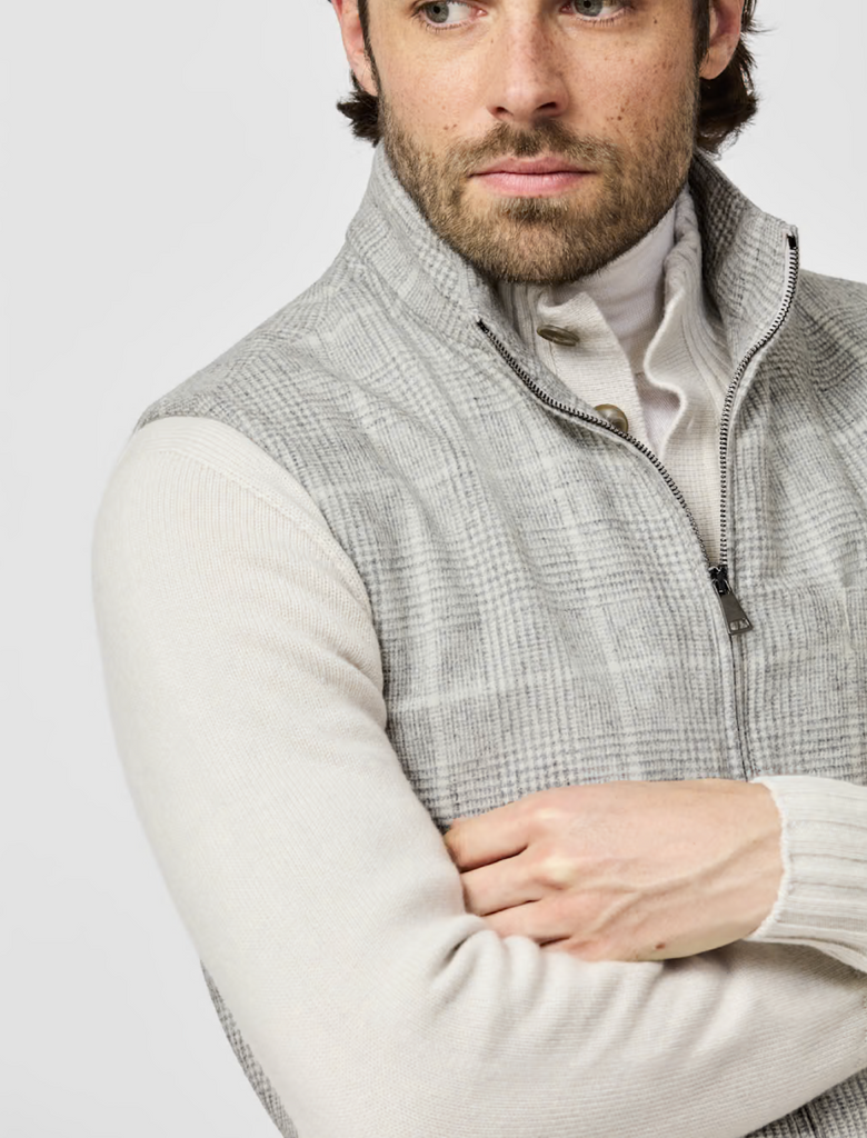 Ferla Alpaca & Merino Wool Flannel Light Grey Glencheck with Ivory Windowpane Vest / Bodywarmer