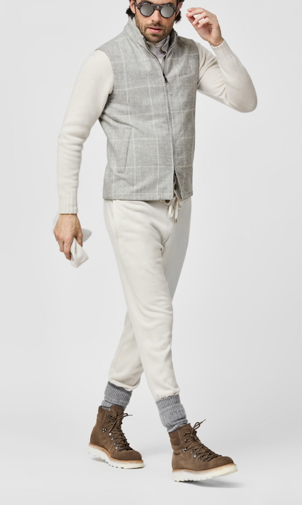 Ferla Alpaca & Merino Wool Flannel Light Grey Glencheck with Ivory Windowpane Vest / Bodywarmer