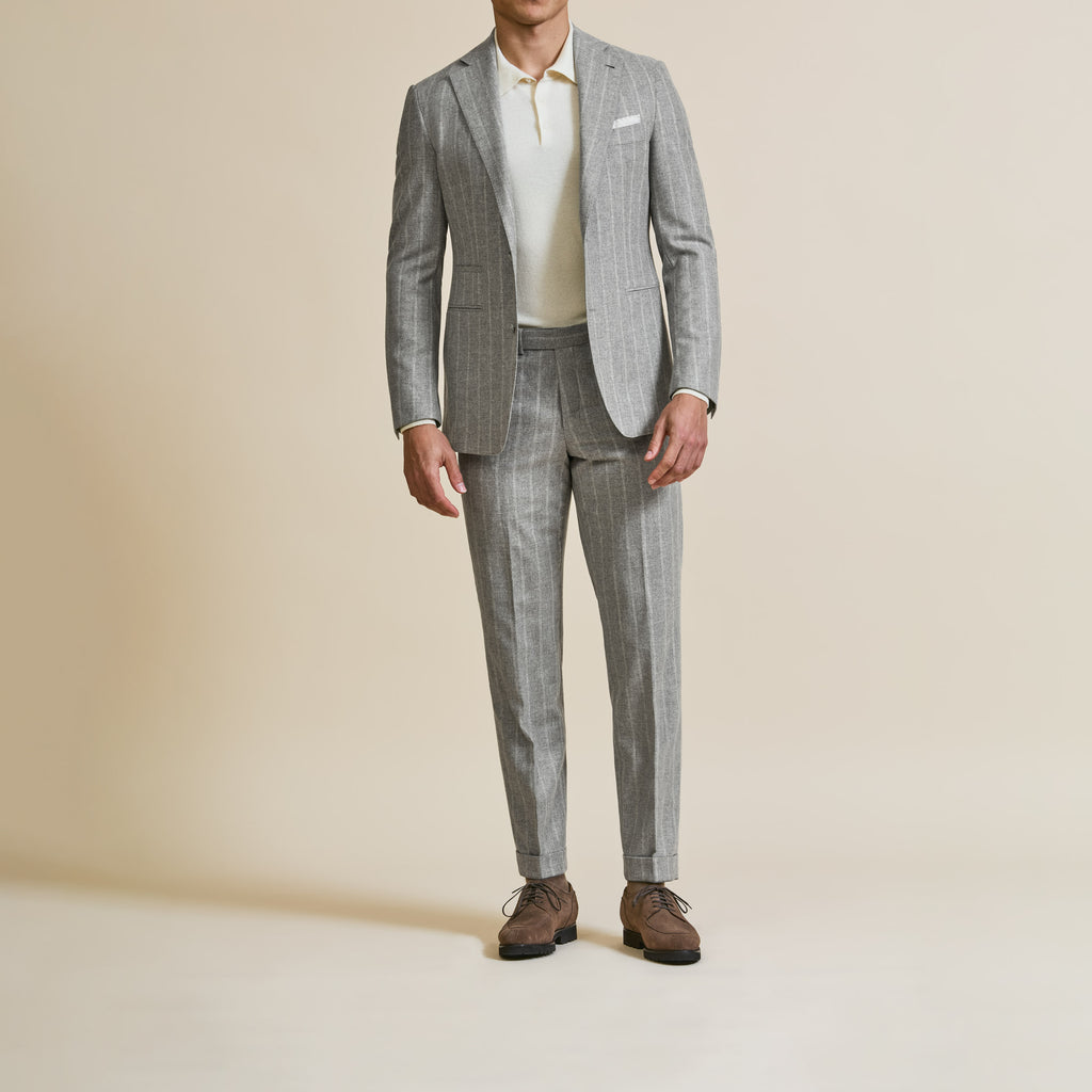 Carlo Barbera Stone Grey Merino Wool & Cashmere Flannel with Chalk Stripe