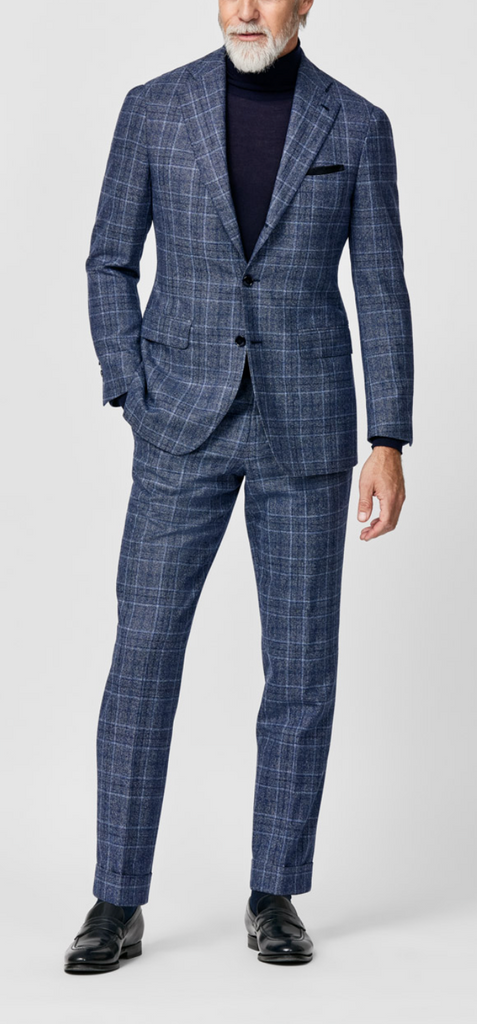 Drago Dark Blue Natural Bi Stretch S130 Merino Wool Glencheck