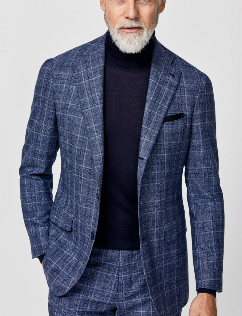 Drago Dark Blue Natural Bi Stretch S130 Merino Wool Glencheck