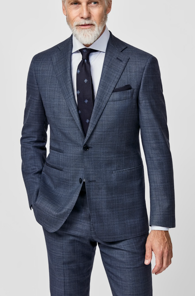 Loro Piana ZELANDER Slate Blue S120 Merino Wool Sharkskin with Check