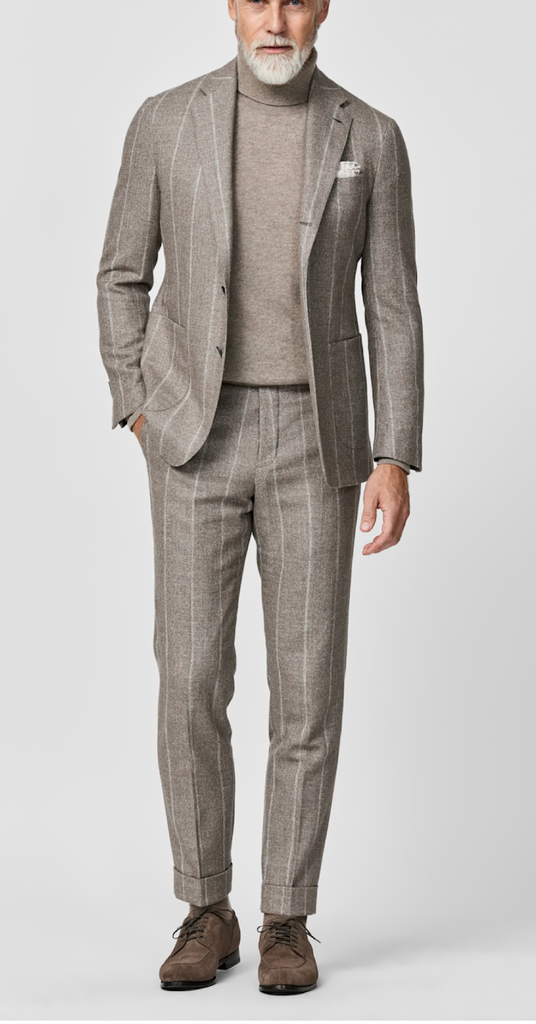 Ferla Tan Grey Alpaca & Linen Blend with Sand Chalk Stripe