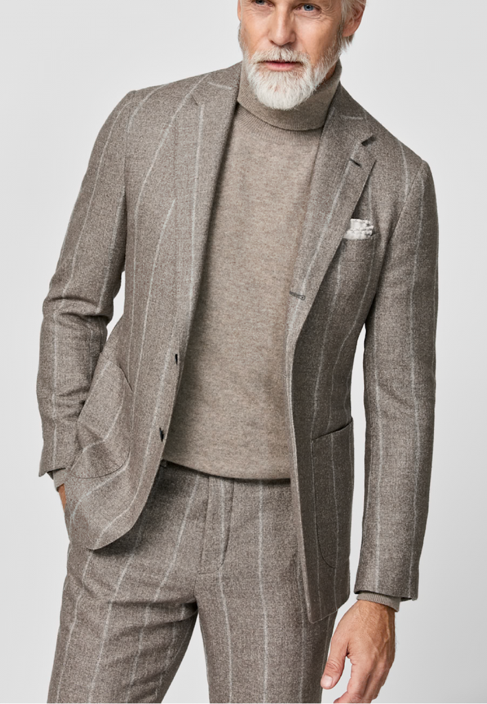 Ferla Tan Grey Alpaca & Linen Blend with Sand Chalk Stripe